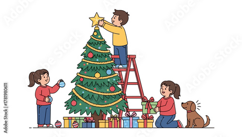Family Christmas Decorating: A festive family joyfully decks out a Christmas tree, preparing for the holiday season by adorning a Christmas tree with ornaments, with gifts.