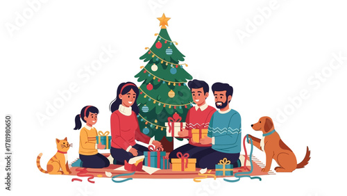 A family holiday: A joyful family celebrates Christmas, surrounded by gifts and a beautifully decorated Christmas tree, with pets adding to the festive atmosphere.