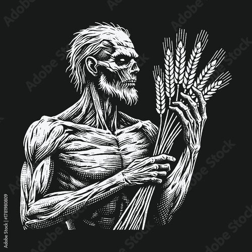 Macabre black and white illustration of an undead figure holding wheat.