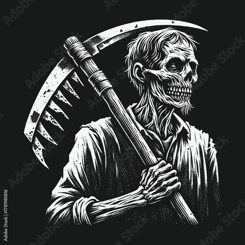 Monochrome illustration of a skeletal grim reaper holding a scythe.