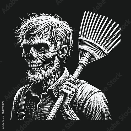 Monochrome illustration of a zombie groundskeeper holding a rake.
