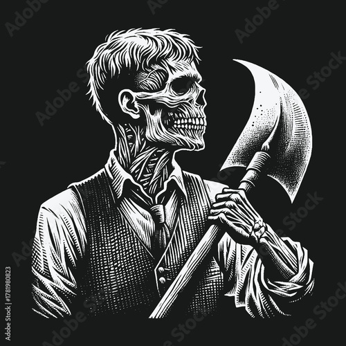 Monochrome vintage illustration of a skeleton man holding a sharp axe.