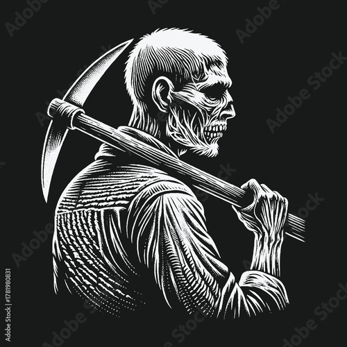 Monochrome engraving style illustration of a zombie worker with a pickaxe.