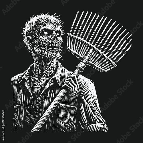Monochrome horror illustration of a zombie holding a garden rake.