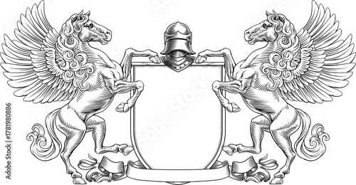A heraldry crest Pegasus winged horse family coat of arms heraldic shield emblem design in an old medieval vintage style 