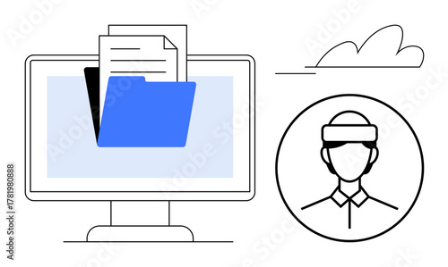 Computer screen displaying folder and documents with virtual assistant icon and cloud. Ideal for digital organization, file sharing, data security, remote work, automation, technology, simple flat