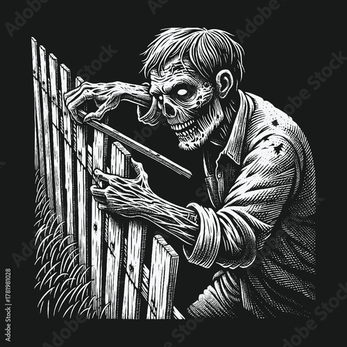 Monochrome horror illustration of a zombie behind a wooden fence.