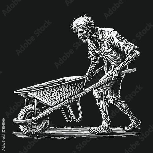 Macabre black and white drawing of a zombie pushing a wheelbarrow.