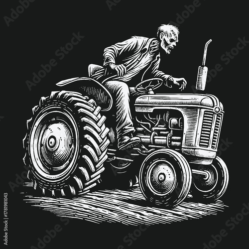 Monochrome illustration of a zombie farmer driving a vintage tractor.