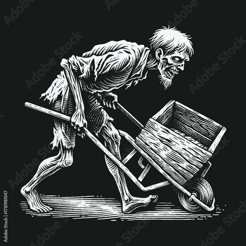 Gothic horror illustration of an undead worker pushing a wheelbarrow.
