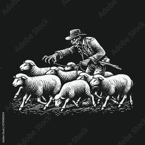 The Grim Shepherd a skeletal figure leading a flock of sheep.