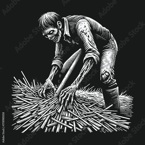 Monochrome horror illustration of an undead zombie farmer gathering hay.