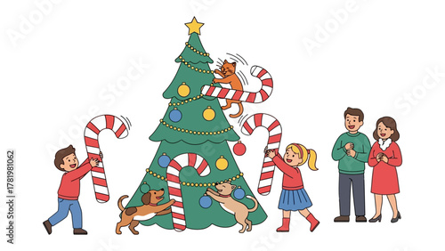 Decorating for the Holidays: A family and their pets join together to deck the halls with festive decorations. The illustration depicts the heart of the holiday season.