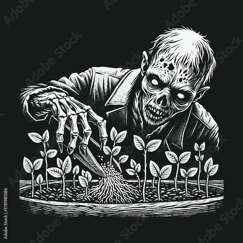 Monochrome Zombie Cultivating a Garden of Sprouts Illustration.