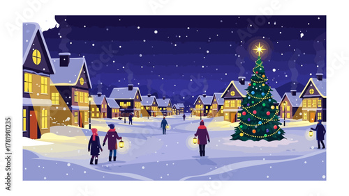 Christmas Village: A festive Christmas scene unfolds in a snow-covered village, where a decorated Christmas tree stands radiant amidst softly lit houses and gentle snowfall.
