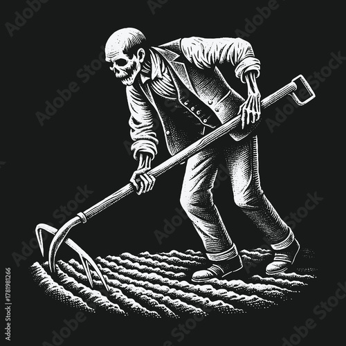 Death personified as a skeleton farmer tilling a field in a woodcut style.