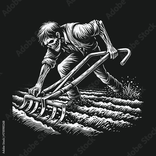Monochrome illustration of a skeletal farmer tilling the soil.