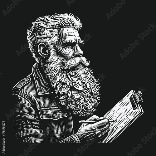Vintage engraving of a wise bearded man writing on a clipboard.