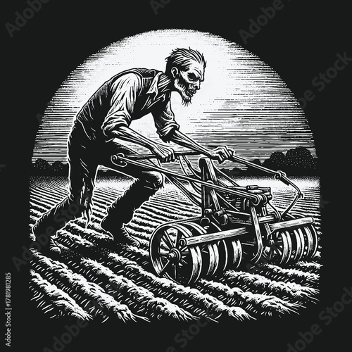 Macabre illustration of an undead farmer tilling the soil in a dark field.