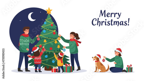 Family Holiday Cheer: A heartwarming scene unfolds as a family unites to decorate a Christmas tree, filled with joy, love, and the spirit of the season.