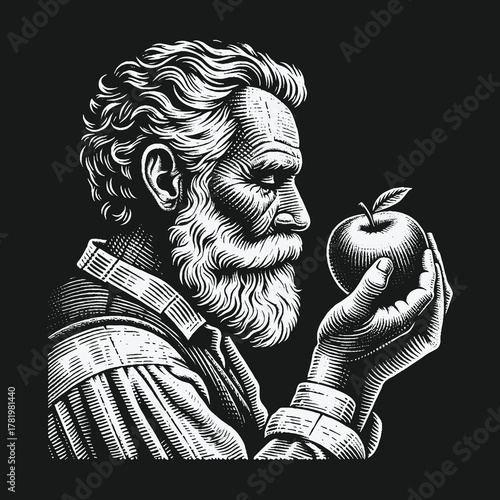 Vintage engraving of a wise bearded man holding an apple.