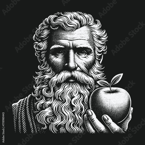 Engraving style portrait of a wise ancient philosopher holding an apple.