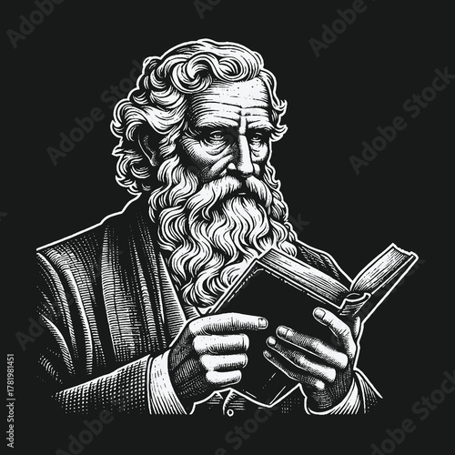 Monochrome portrait of a wise ancient philosopher reading a book.