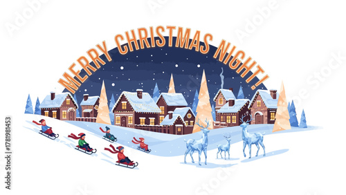 Merry Christmas Night: A heartwarming illustration of a village coming alive under a starlit winter sky. Families are sledding down snowy hills, while gentle deer roam the snow-covered grounds.
