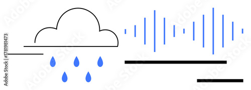 Minimal cloud with raindrops next to soundwaves in blue and black lines. Ideal for weather, data analytics, technology, forecasting, communication, sound, digital concepts. Simple flat metaphor