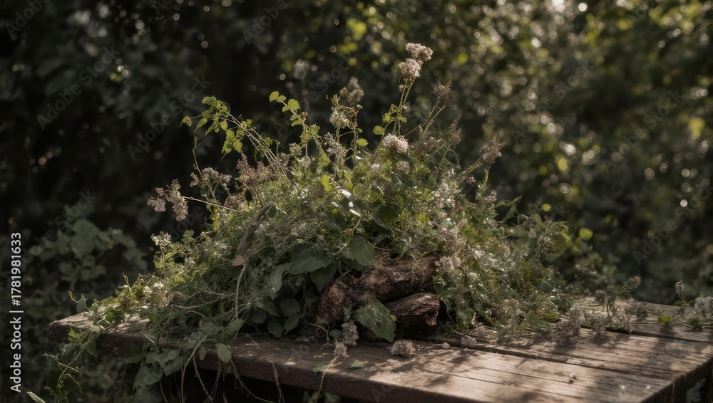 Obraz premium Wild bouquet, with dead branches & wildflowers, resting on aged, wooden surface in sunlight