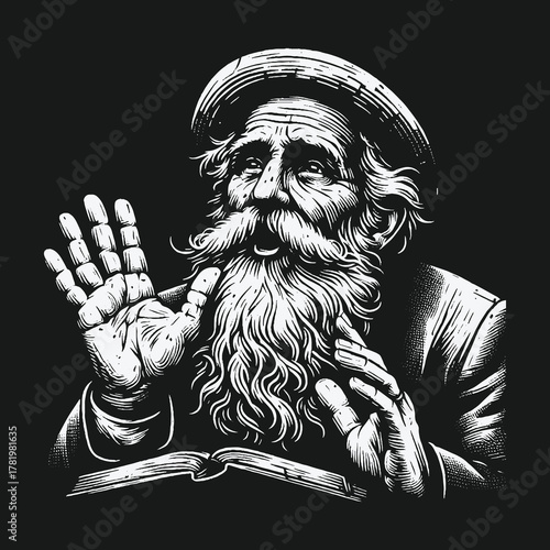 Black and white illustration of a wise old man with a long beard preaching from a book.