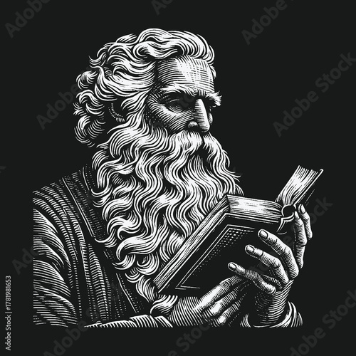 Classical woodcut illustration of a wise old man reading a book.
