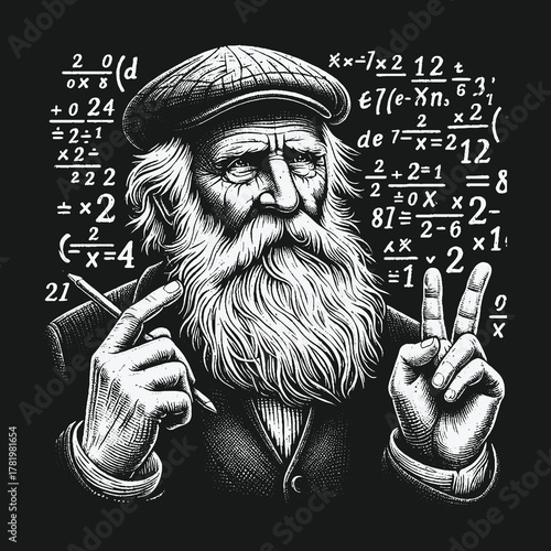 Vintage monochrome portrait of a wise old mathematician solving equations.