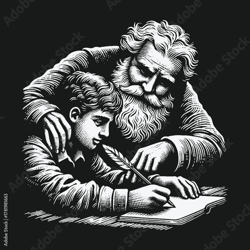 Wise elderly mentor guiding a young boy writing with a quill pen in a vintage illustration.