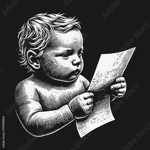 A Studious Baby Intently Reads a Paper in Classic Engraving Style.