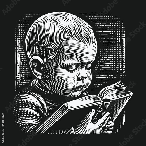 Vintage Engraving Style Illustration of a Young Child Reading a Book.