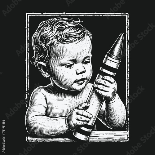 Vintage Engraving Style Illustration of a Baby Holding a Crayon Missile.