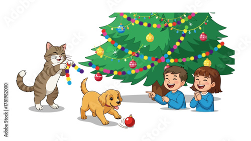 Christmas Cheer: A lively scene unfolds as children, a playful puppy, and a mischievous kitten gather around a beautifully adorned Christmas tree.