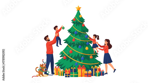 Christmas Family Togetherness: A family is united in joy, decorating a festive Christmas tree, embracing the spirit of the season with love, laughter, and cherished moments.