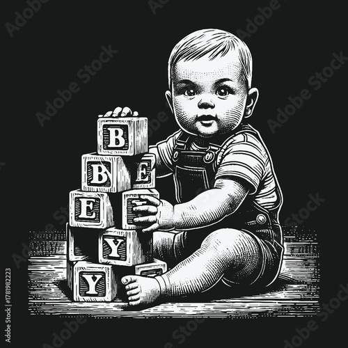 Vintage woodcut style illustration of a baby stacking alphabet blocks.