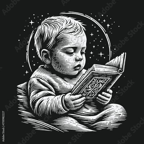 Black and white engraving style illustration of a baby reading a book with a celestial halo of stars.