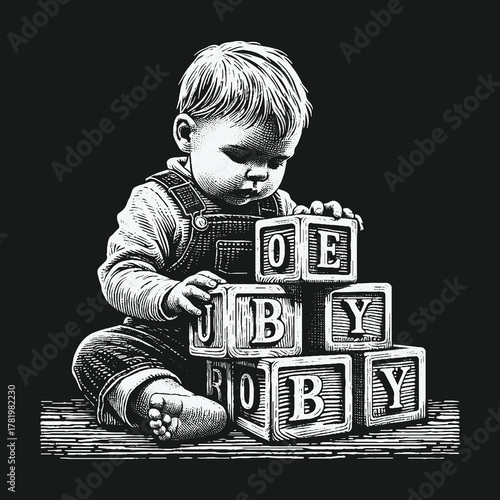 Charming toddler in overalls stacking wooden letter blocks in a classic style.