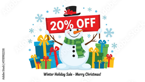 Winter Holiday Sale - Cheerful Snowman with Sale Sign: A whimsical snowman stands amidst festive gift boxes and snowflakes, advertising a holiday sale with a cheerful demeanor.