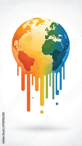 A melting globe symbolizing environmental crisis and global warming with dripping colors representing Earth's changing climate and environmental issues