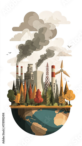 Earth's duality industrial progress juxtaposed with renewable energy and nature's resilience