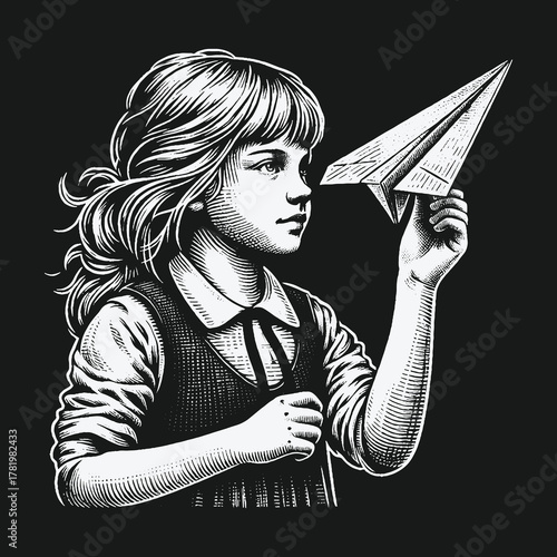 Vintage Engraving Style Illustration of a Girl Holding a Paper Airplane.