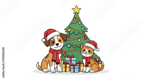 Festive Companions: A heartwarming scene captures a dog and a cat, adorned in festive attire, cozily gathered before a decorated Christmas tree, evoking feelings of holiday cheer and camaraderie.
