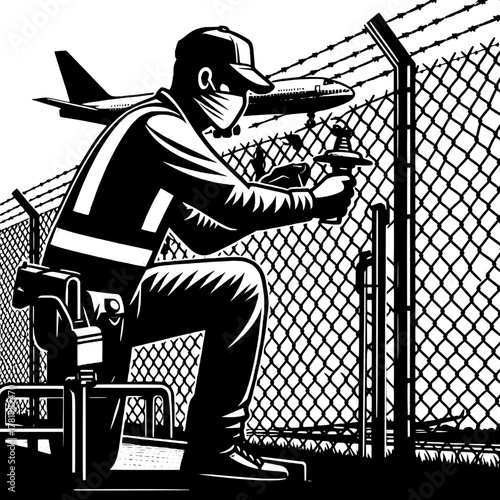 Worker Repairing Runway Edge Fence