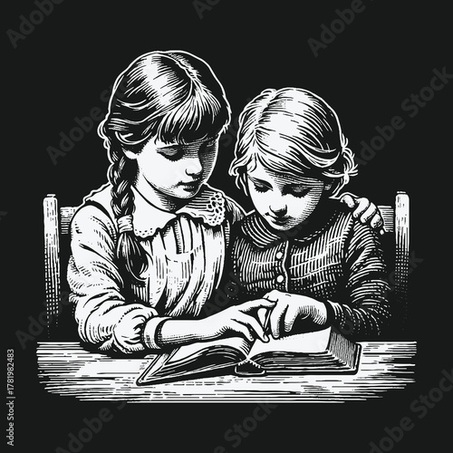 Vintage engraving style illustration of two young girls reading a book together.
