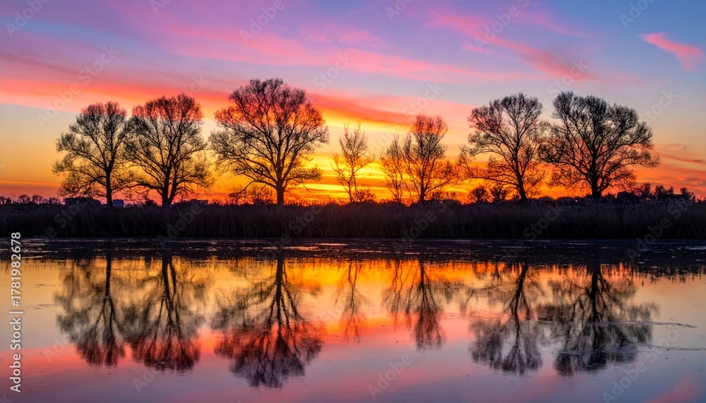 Fototapeta premium Beautiful sunset over lake or river with reflection in the calm water and orange sky and trees silhouette